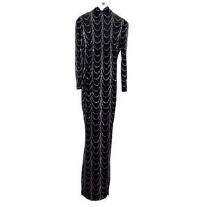 Black Silver Sequin Mesh Mock Neck Maxi Gown Mermaid Formal Dress Size M